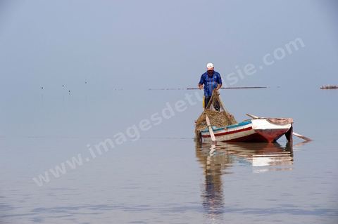 Plage avec pêcheur sur l'île de Chergui à Kerkennah