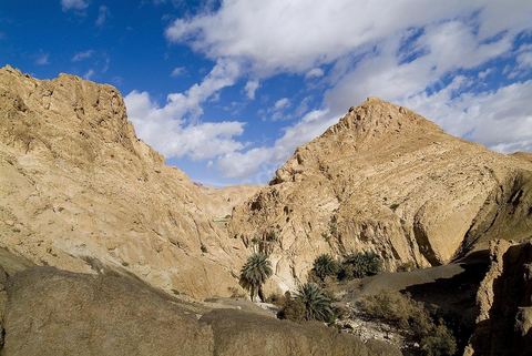 Village berbere de montagne et oasis de Chebika dans la region du Djerid au sud de la Tunisie