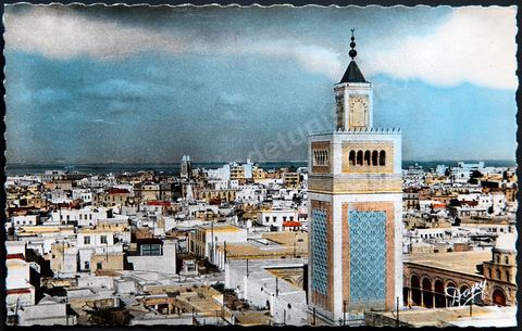 Vue Générale sur la medina de Tunis avec au premier plan minaret et cour de la Grande Mosquée - Carte postale ancienne Tunisie