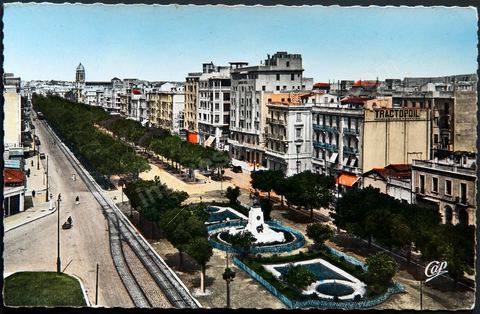 Perspective sur l'avenue Jules fery et l'Avenue de France à Tunis - datée de 1957 - Carte postale ancienne Tunisie