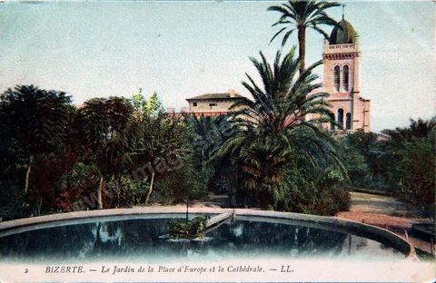 The Garden, Europe Square, and the Cathedral in Bizerte - Vintage Postcard from Tunisia