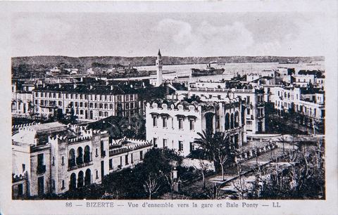 Panoramic view of the train station and Ponty Bay—Bizerte—Vintage postcard from Tunisia