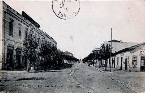L'avenue de France à Ferryville actuelle Menzel Bourguiba - datée de 1915 - Carte postale ancienne Tunisie