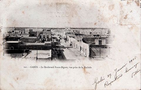 Le boulevard Faure-Biguet, vue prise de la Kechela à Gabès - 1905 - Carte postale ancienne Tunisie