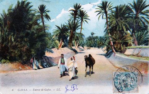 Entrée de Gafsa avec hommes en tenue traditionnelle et droamdaire datée 1908 - Carte postale ancienne Tunisie