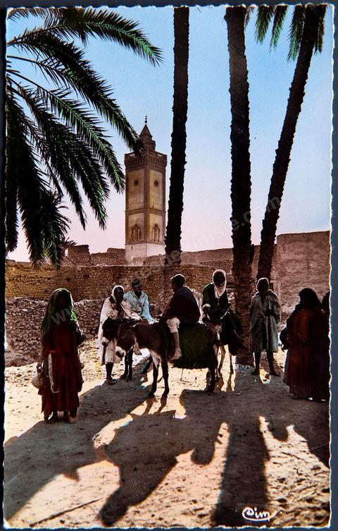 la mosquée de Gafsa avec au premier groupes d'individus sous le palmier - Carte postale ancienne Tunisie