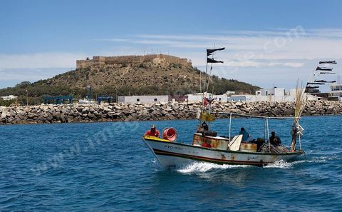 La ville de Kelibia vue depuis la mer avec son port au premier plan