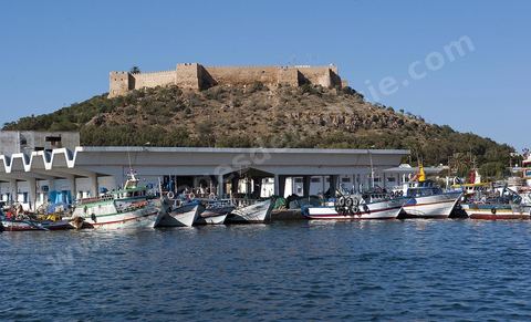 La ville de Kelibia vue depuis la mer avec son port au premier plan