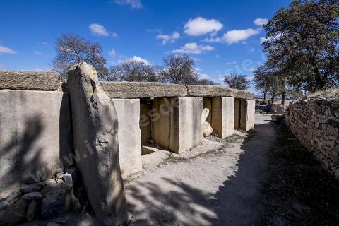 Tombes megalithiques sur le site archéologique de Makthar, vestige de l'antique Mactaris, au centre-ouest de la Tunisie, est situé à Makthar, ville sur la bordure nord de la dorsale tunisienne.Le site est l'un des plus étendus du pays, et une grande partie n'a pas encore fait l'objet de recherches archéologiques. Outre les nombreux vestiges qu'il abrite au sein d'un parc archéologique comme le forum, les thermes, la schola des Juvenes, ... un petit musée présente diverses pièces archéologiques trouvées sur le site.