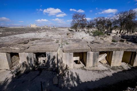 Tombes megalithiques sur le site archéologique de Makthar, vestige de l'antique Mactaris, au centre-ouest de la Tunisie, est situé à Makthar, ville sur la bordure nord de la dorsale tunisienne.Le site est l'un des plus étendus du pays, et une grande partie n'a pas encore fait l'objet de recherches archéologiques. Outre les nombreux vestiges qu'il abrite au sein d'un parc archéologique comme le forum, les thermes, la schola des Juvenes, ... un petit musée présente diverses pièces archéologiques trouvées sur le site.