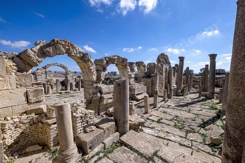 Thermes du nord ouest où se trouve une basilique chrétienne sur le site archéologique de Makthar, vestige de l'antique Mactaris, au centre-ouest de la Tunisie, est situé à Makthar, ville sur la bordure nord de la dorsale tunisienne.Le site est l'un des plus étendus du pays, et une grande partie n'a pas encore fait l'objet de recherches archéologiques. Outre les nombreux vestiges qu'il abrite au sein d'un parc archéologique comme le forum, les thermes, la schola des Juvenes, ... un petit musée présente diverses pièces archéologiques trouvées sur le site.