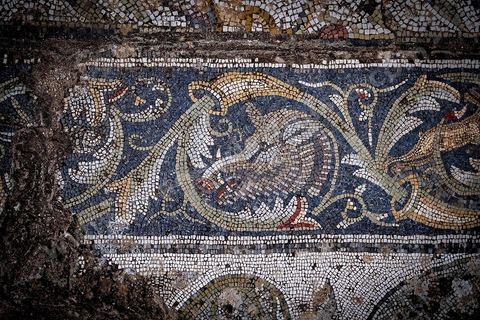 Détails de mosaïques représentant des scènes de chasse dasn la  Maison de la Chasse dans le quartier d'habitations sur le site archéologique romain de Bulla Régia, dans le nord ouest de la Tunisie.