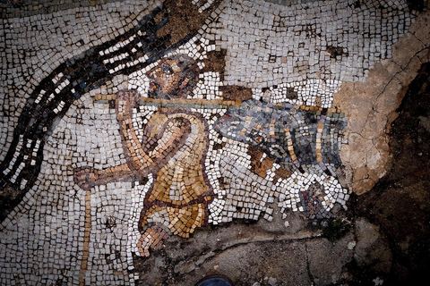 Détails de mosaïques représentant des scènes de chasse dasn la  Maison de la Chasse dans le quartier d'habitations sur le site archéologique romain de Bulla Régia, dans le nord ouest de la Tunisie.