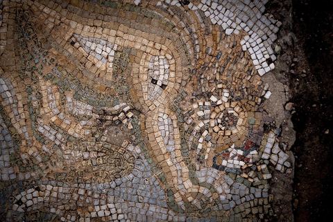 Détails de mosaïques représentant des scènes de chasse dasn la  Maison de la Chasse dans le quartier d'habitations sur le site archéologique romain de Bulla Régia, dans le nord ouest de la Tunisie.