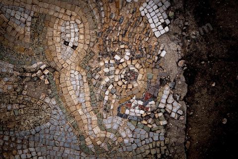Détails de mosaïques représentant des scènes de chasse dasn la  Maison de la Chasse dans le quartier d'habitations sur le site archéologique romain de Bulla Régia, dans le nord ouest de la Tunisie.