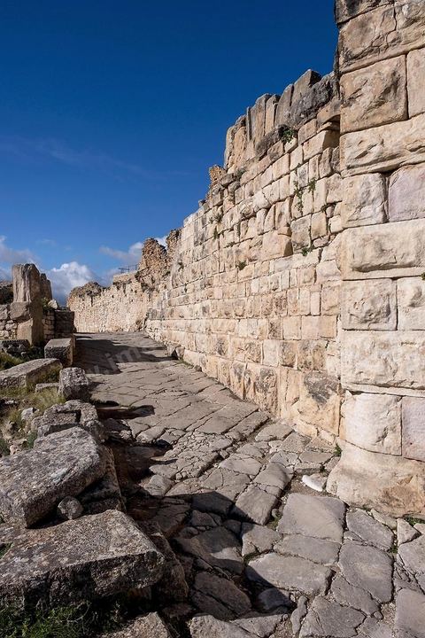 Une des majestueuses rues dallées de Dougga. Le site de Dougga, classé au patrimoine mondial de l'UNESCO, Situé sur un éperon dominant la riche vallée de la Mejerdah, le site s'étend sur plusieurs dizaines d'hectares et couvre plusieurs ères historiques. L’excellent état de conservation de la plupart des monuments qui le composent dont certains, tels le capitole ou le théâtre, ont été « remis sur pied » au cours d’une campagne menée au lendemain de la première guerre mondiale par des prisonniers de guerre.