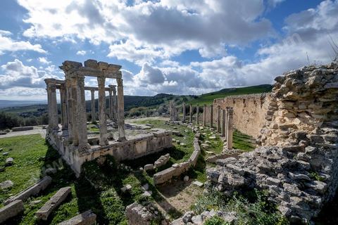 Temple de Caelestis. Le site de Dougga, classé au patrimoine mondial de l'UNESCO, Situé sur un éperon dominant la riche vallée de la Mejerdah, le site s'étend sur plusieurs dizaines d'hectares et couvre plusieurs ères historiques. L’excellent état de conservation de la plupart des monuments qui le composent dont certains, tels le capitole ou le théâtre, ont été « remis sur pied » au cours d’une campagne menée au lendemain de la première guerre mondiale par des prisonniers de guerre.