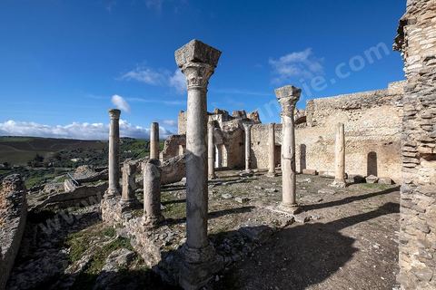 Grands Thermes romains. Le site de Dougga, classé au patrimoine mondial de l'UNESCO, Situé sur un éperon dominant la riche vallée de la Mejerdah, le site s'étend sur plusieurs dizaines d'hectares et couvre plusieurs ères historiques. L’excellent état de conservation de la plupart des monuments qui le composent dont certains, tels le capitole ou le théâtre, ont été « remis sur pied » au cours d’une campagne menée au lendemain de la première guerre mondiale par des prisonniers de guerre.