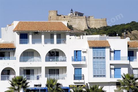 Resdience touristique sur le port de Tabarka avec au fond le fort genois