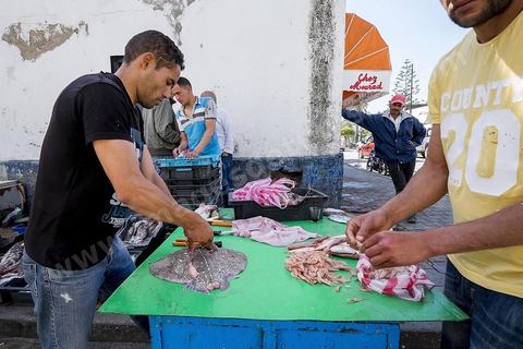 Dans les rues de Tabarka autour des poissonniers des jeunes préparent le poisson à même la rue