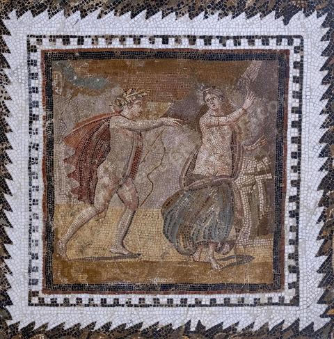 Détails de la mosaïque des Amours d'Apollon, fin du IIème siècle après JC. Le musée archéologique de El Djem, cité antique de Thysdrus, a été aménagé à l’emplacement d’une villa romaine dont il restitue l’organisation spatiale : une cour centrale entourée d’un péristyle – préau – qui donne accès aux chambres. Là, sont exposés des objets – sculptures, tableaux en mosaïque, céramique, etc. – provenant de campagnes de fouilles menées à Thysdrus aussi bien que dans les environs de la cité.