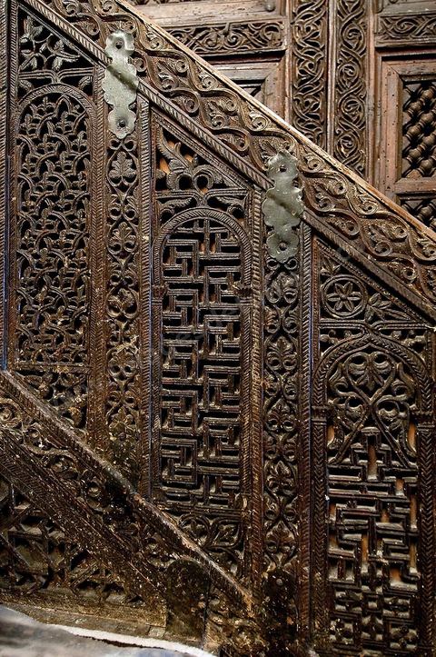 Detail of the minbar in the prayer hall of the Great Mosque of Kairouan; the minbar dates from the 9th century and consists of more than 300 different carved wooden panels, decorated with polygonal and floral motifs of Eastern influence.