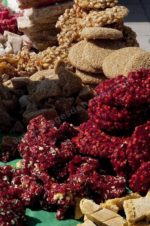 Pastries, Tunisian nougat sold in front of the Zaouia Sidi Sahab, or the Barber's Mosque, on the day of the Mouled