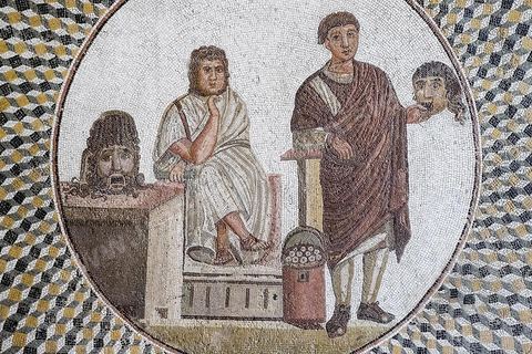 mosaique Auteur tragique et acteur comique - musée archéologique de Sousse dans la Kasbah située en haut de la medina de Sousse
