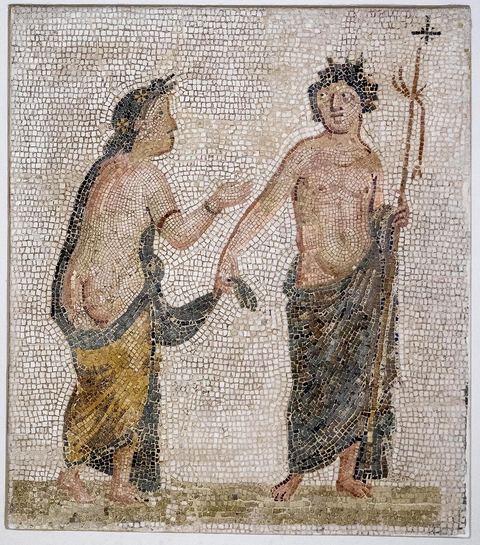 Mosaique d'une Scène galante réunissant, dieu du vin et de la vigne, et la belle Ariane. Datation : Milieu du III eme siècle ap J-C. - musée archéologique de Sousse dans la Kasbah située en haut de la medina de Sousse