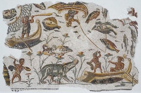 Mosaique scènes de pêche et de chasse paysage nilotique - musée archéologique de Sousse dans la Kasbah située en haut de la medina de Sousse