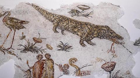 Mosaique scène de chasse avec crocodile paysage nilotique - musée archéologique de Sousse dans la Kasbah située en haut de la medina de Sousse