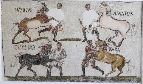 Mosaique d'hommes et chevaux - musée archéologique de Sousse dans la Kasbah située en haut de la medina de Sousse