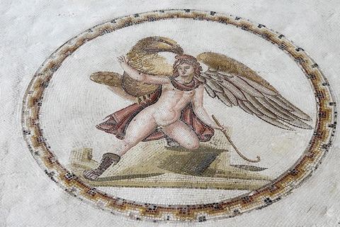 mosaique de l'enlevement de Ganymède entouré de 9 médaillons d'animaux en mouvement : tigresse, cheval, antilope, ours, panthère, lion, ... musée archéologique de Sousse dans la Kasbah située en haut de la medina de Sousse