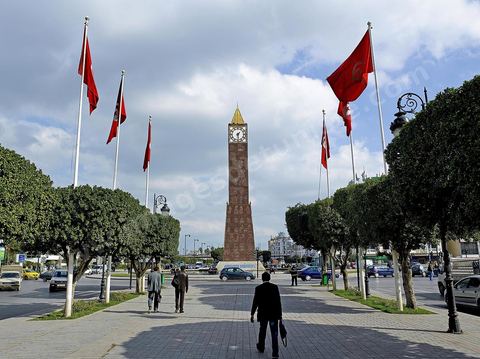 The November 7 Monument on November 7 Square, as seen from the central walkway of Habib Bourguiba Avenue in Tunis