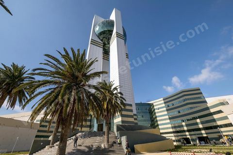 9 mars 2018 : Cité de la Culture à Tunis à quelques jours de son inauguration le 21 mars. Vue extérieure