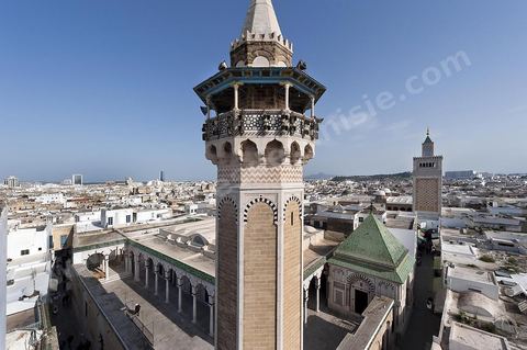 Depuis les toits de la medina vue sur la medina de Tunis avec au premier plan le minaret et la mosquée Hammouda Pacha et à droite la Grande Mosquée Jamâa ez Zitouna
