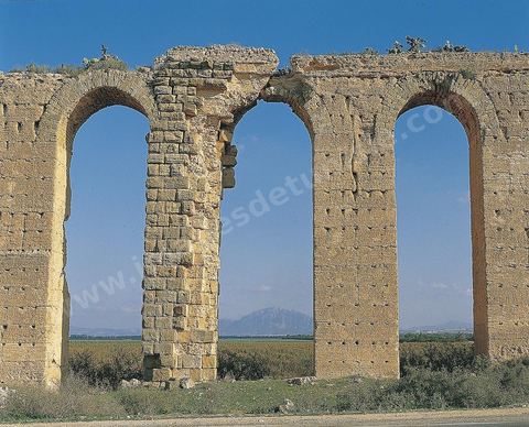 Aqueduc romain reliant Tunis à Zaghouan. Constructeur habile, l'empereur Hadrien décide le captage des sources existant dans les massifs montagneux du Djebel Zaghouan et du Jouggar ainsi que la construction d'un immense aqueduc destiné à conduire les eaux vers les citernes de La Malga, réservoirs d'eau de 25 000 m3, situés sur une partie élevée de la colline de Carthage. La longueur totale de l'aqueduc jusqu'à Carthage, y compris les diverses ramifications, est de 132 kilomètres. Sa déclivité est précisément de 0,29 %. Il est coupé à plusieurs reprises (d'abord par les Vandales puis par les Arabes).