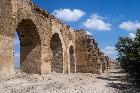 Aqueduc romain reliant Tunis à Zaghouan. Constructeur habile, l'empereur Hadrien décide le captage des sources existant dans les massifs montagneux du Djebel Zaghouan et du Jouggar ainsi que la construction d'un immense aqueduc destiné à conduire les eaux vers les citernes de La Malga, réservoirs d'eau de 25 000 m3, situés sur une partie élevée de la colline de Carthage. La longueur totale de l'aqueduc jusqu'à Carthage, y compris les diverses ramifications, est de 132 kilomètres. Sa déclivité est précisément de 0,29 %. Il est coupé à plusieurs reprises (d'abord par les Vandales puis par les Arabes).