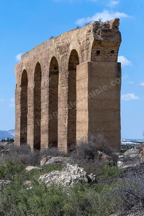 Aqueduc romain reliant Tunis à Zaghouan. Constructeur habile, l'empereur Hadrien décide le captage des sources existant dans les massifs montagneux du Djebel Zaghouan et du Jouggar ainsi que la construction d'un immense aqueduc destiné à conduire les eaux vers les citernes de La Malga, réservoirs d'eau de 25 000 m3, situés sur une partie élevée de la colline de Carthage. La longueur totale de l'aqueduc jusqu'à Carthage, y compris les diverses ramifications, est de 132 kilomètres. Sa déclivité est précisément de 0,29 %. Il est coupé à plusieurs reprises (d'abord par les Vandales puis par les Arabes).