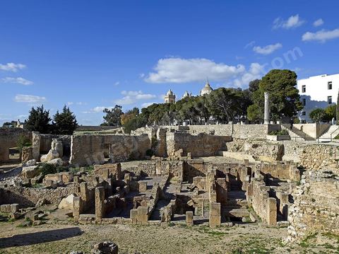 Quartier d'habitations puniques sur la colline de Byrsa à Carthage. Sur le sommet de la colline de Byrsa, emplacement du forum romain, a été mis au jour un quartier d'habitation punique du dernier siècle d'existence de la ville, daté plus précisément du début du IIe siècle avt JC. L'habitat est typique et même stéréotypé, avec un local sur la rue pouvant être utilisé comme magasin, une citerne étant installée au sous-sol afin de récupérer l'eau destinée à l'utilisation domestique, et un long couloir sur le côté droit qui mène à une cour percée d'un puisard et autour de laquelle se succèdent de petites pièces en nombre variable.