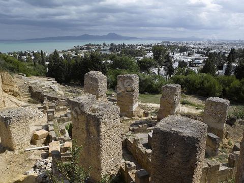 Quartier d'habitations puniques sur la colline de Byrsa à Carthage. Sur le sommet de la colline de Byrsa, emplacement du forum romain, a été mis au jour un quartier d'habitation punique du dernier siècle d'existence de la ville, daté plus précisément du début du IIe siècle avt JC. L'habitat est typique et même stéréotypé, avec un local sur la rue pouvant être utilisé comme magasin, une citerne étant installée au sous-sol afin de récupérer l'eau destinée à l'utilisation domestique, et un long couloir sur le côté droit qui mène à une cour percée d'un puisard et autour de laquelle se succèdent de petites pièces en nombre variable.