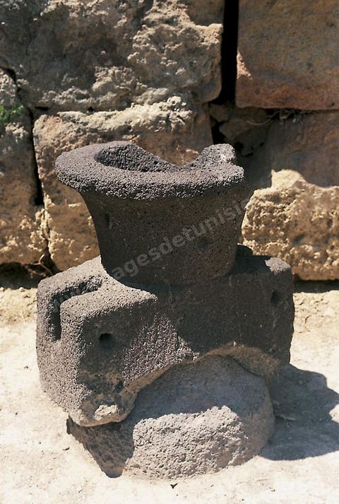Quartier d'habitations puniques sur la colline de Byrsa à Carthage. Sur le sommet de la colline de Byrsa, emplacement du forum romain, a été mis au jour un quartier d'habitation punique du dernier siècle d'existence de la ville, daté plus précisément du début du IIe siècle avt JC. L'habitat est typique et même stéréotypé, avec un local sur la rue pouvant être utilisé comme magasin, une citerne étant installée au sous-sol afin de récupérer l'eau destinée à l'utilisation domestique, et un long couloir sur le côté droit qui mène à une cour percée d'un puisard et autour de laquelle se succèdent de petites pièces en nombre variable.