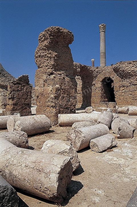 Les thermes d’Antonin de Carthage sont le plus vaste ensemble thermal romain construit sur le sol africain. Des installations d’origine ne subsistent plus que quelques vestiges du rez-de-chaussée, constitué des espaces de service, situés à proximité du rivage de Carthage. En effet, le site a servi de carrière de pierres pendant des siècles afin d’édifier de nombreux monuments, tant à Tunis que dans de nombreuses villes du nord du bassin méditerranéen comme Pise, sa proximité du rivage ayant aggravé la prédation. Les vestiges s’étendent sur une longueur supérieure à 200 mètres, le long du rivage. L’anastylose d’une colonne du frigidarium par une mission archéologique tunisienne en 1985, dans le contexte de la campagne internationale menée par l’Unesco (1972-1992) permet de se faire une idée de la magnificence des lieux à l’apogée de la cité romaine ; les voûtes disparues s’élevaient à une hauteur supérieure à 29 mètres, soit approximativement un immeuble d’une hauteur de huit étages.