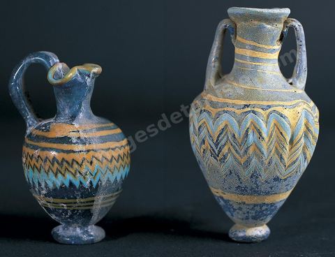 Polychrome glass paste amphorae, inspired by Greek and Hellenistic models. Carthaginian glassmakers began producing them as early as the 7th–5th centuries CE; Carthage Museum.