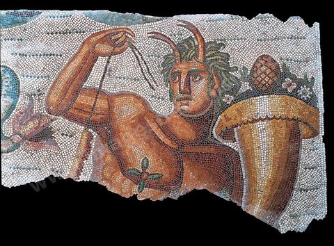 A mosaic fragment depicting a triton, part of a large 5.10-meter-long floor mosaic celebrating the wedding of Neptune and Amymone. Triton is depicted here as a powerfully built figure, wearing crustacean claws on his forehead and holding a cornucopia from which flowers and a pinecone emerge. (Sidi Ghrib; early 5th century, Carthage Museum)